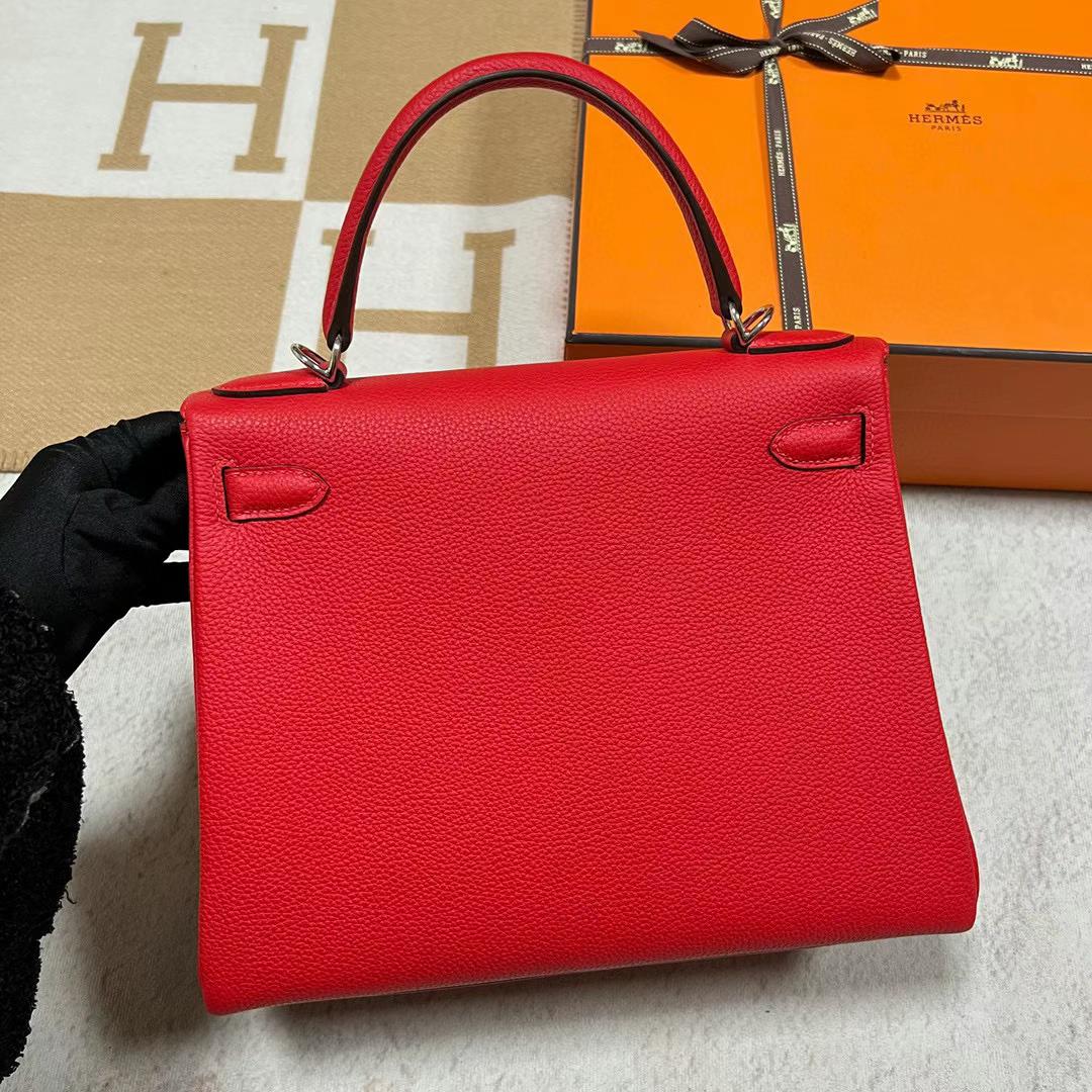 Hermès（爱马仕）Kelly 凯莉包 Togo皮 S3 心红色 银扣 28cm 全手工蜡线缝制 Phw