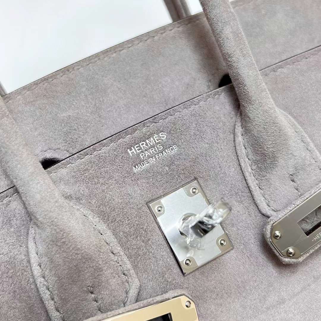 Hermès（爱马仕）Birkin 铂金包 Suede 麂皮 灰色 银扣 25cm 全手工蜡线缝制 Phw