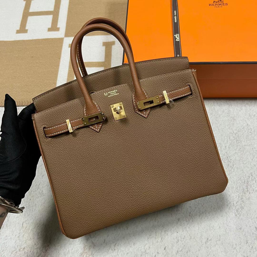 Hermès（爱马仕）Birkin 铂金包 Togo 3G 栗子棕 拼 Ck37 金棕色 金扣 25cm 全手工蜡线缝制 Ghw