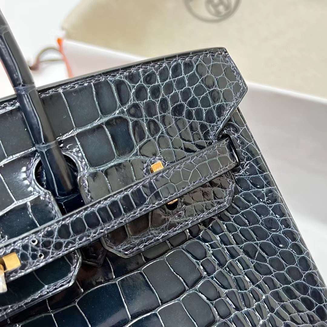 Hermès（爱马仕）Birkin 铂金包 亮面美洲鳄鱼 shiny alligator crocodile（御用原装进口Hcp鳄鱼）ck76 深海蓝 金扣 25cm 全手工蜡线缝制 Phw