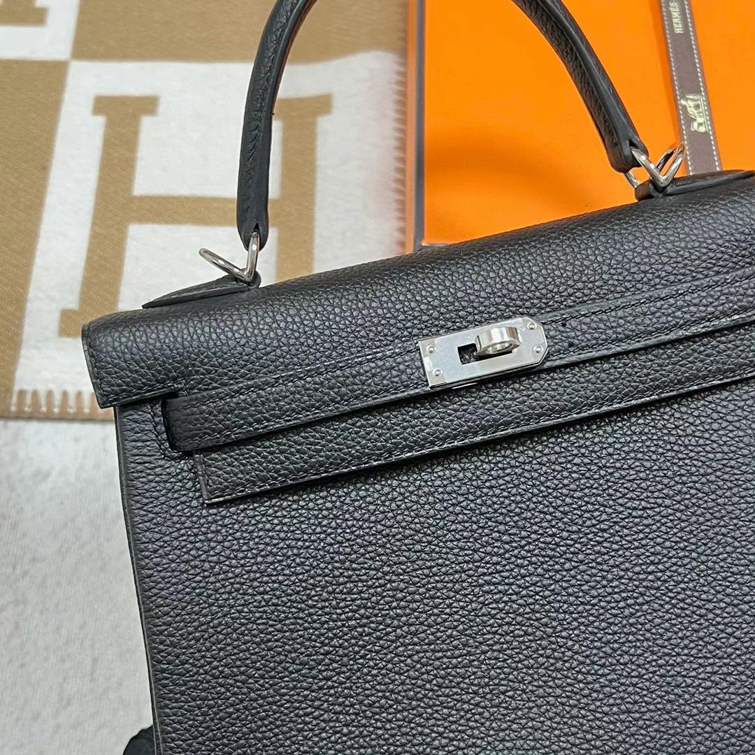 Hermès（爱马仕）Kelly 凯莉包 Togo皮 Ck89 黑色 银扣 25cm 全手工蜡线缝制