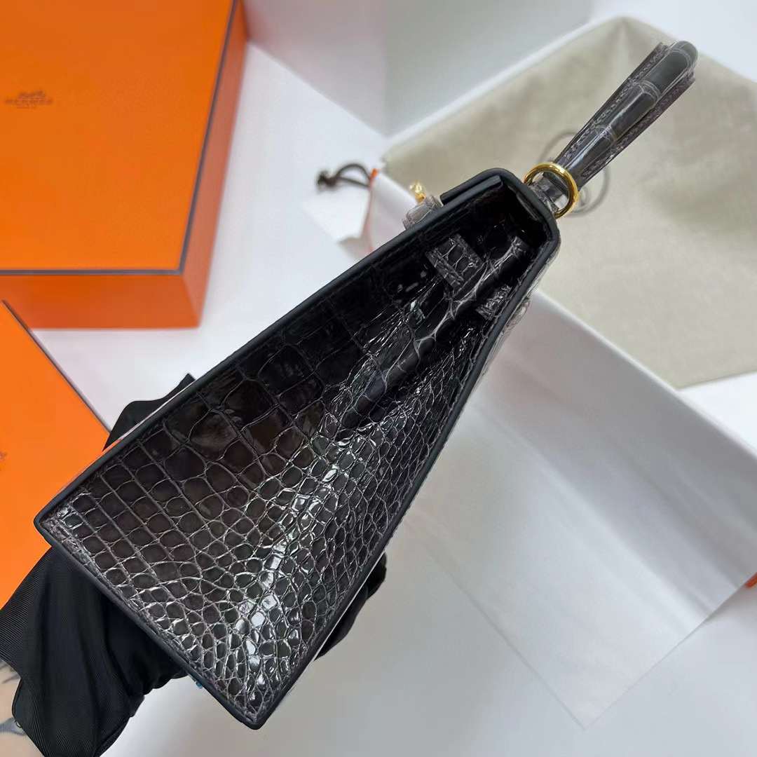 Hermès（爱马仕）Kelly 凯莉包 亮面美洲鳄鱼 shiny alligator crocodile Ck88 石墨灰 金扣 25cm 全手工缝制 Ghw