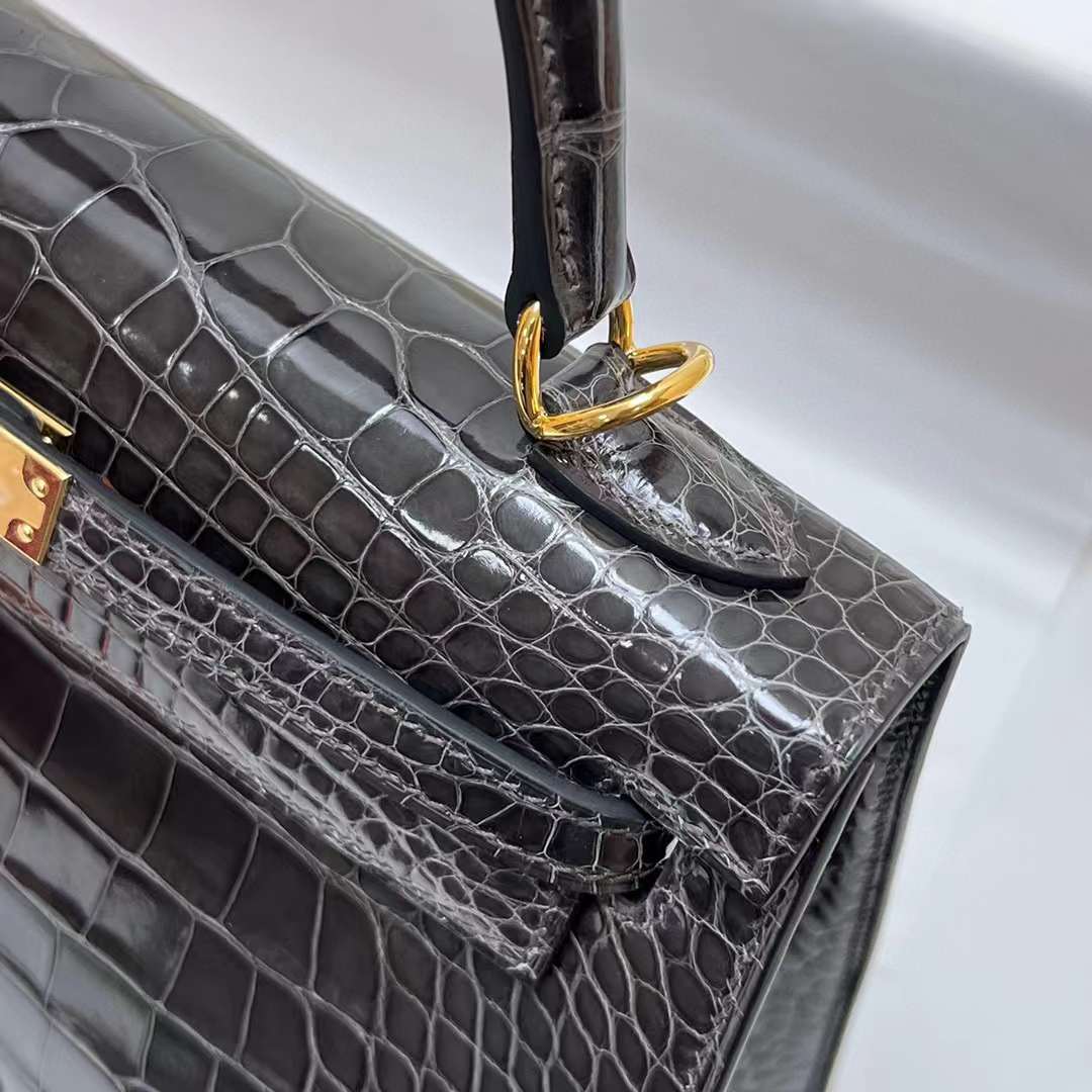 Hermès（爱马仕）Kelly 凯莉包 亮面美洲鳄鱼 shiny alligator crocodile Ck88 石墨灰 金扣 25cm 全手工缝制 Ghw