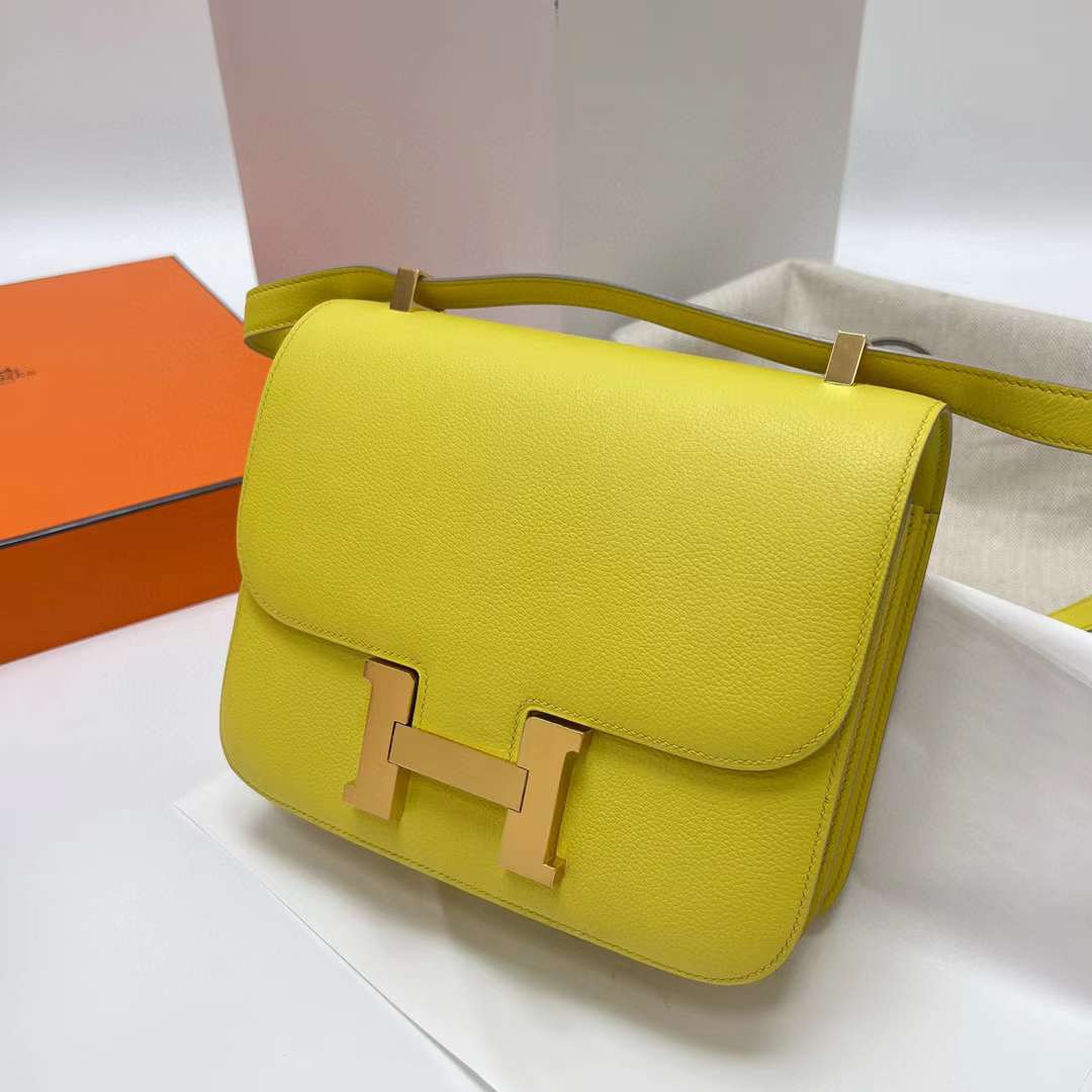 Hermès（爱马仕）Constance 空姐包 Evercolor 9R 柠檬黄 金扣 24cm 全手工蜡线缝制 Ghw