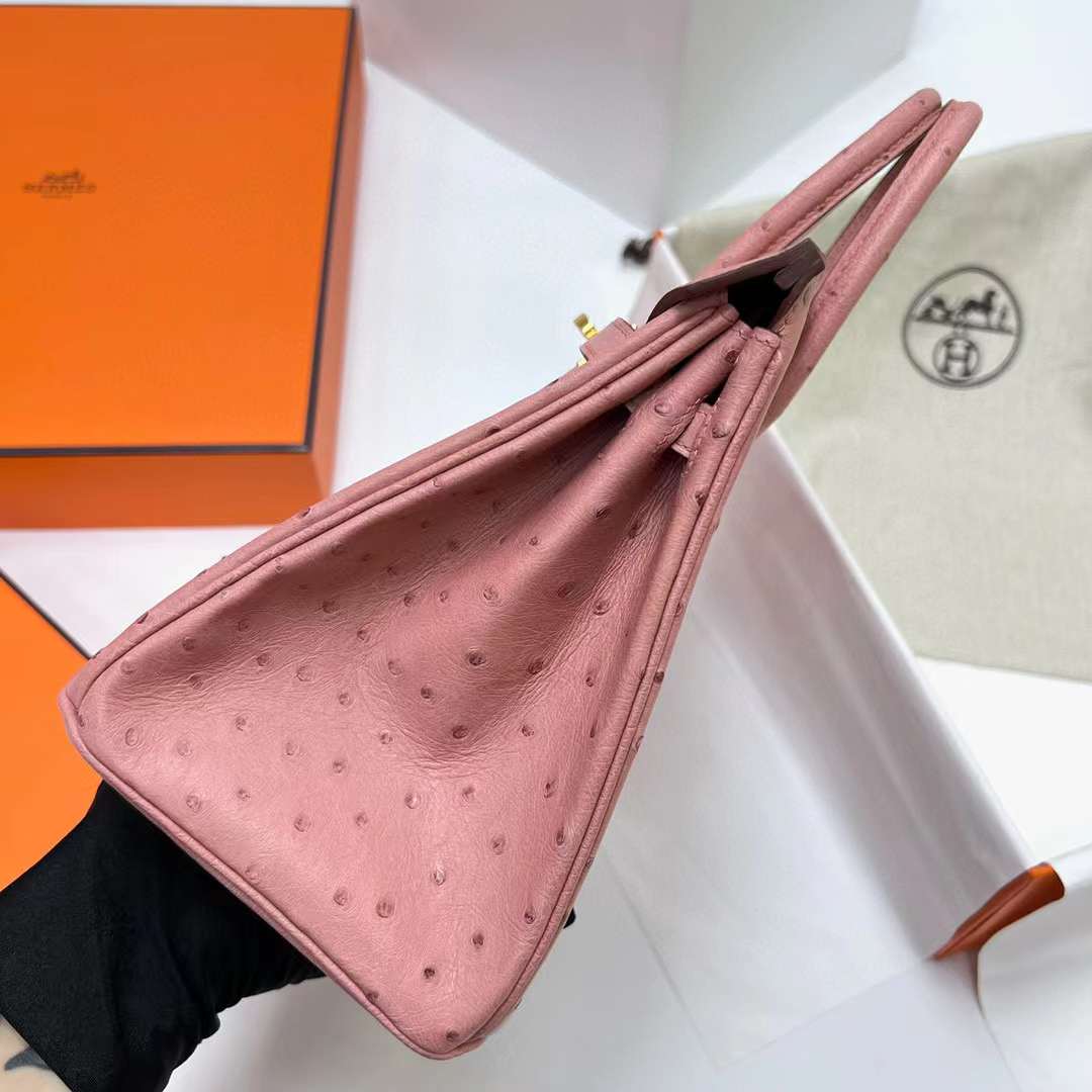 Hermès（爱马仕）Birkin 铂金包 Ostrich 进口鸵鸟皮 Ck94 陶瓷粉 金扣 25cm 全手工蜡线缝制 Ghw