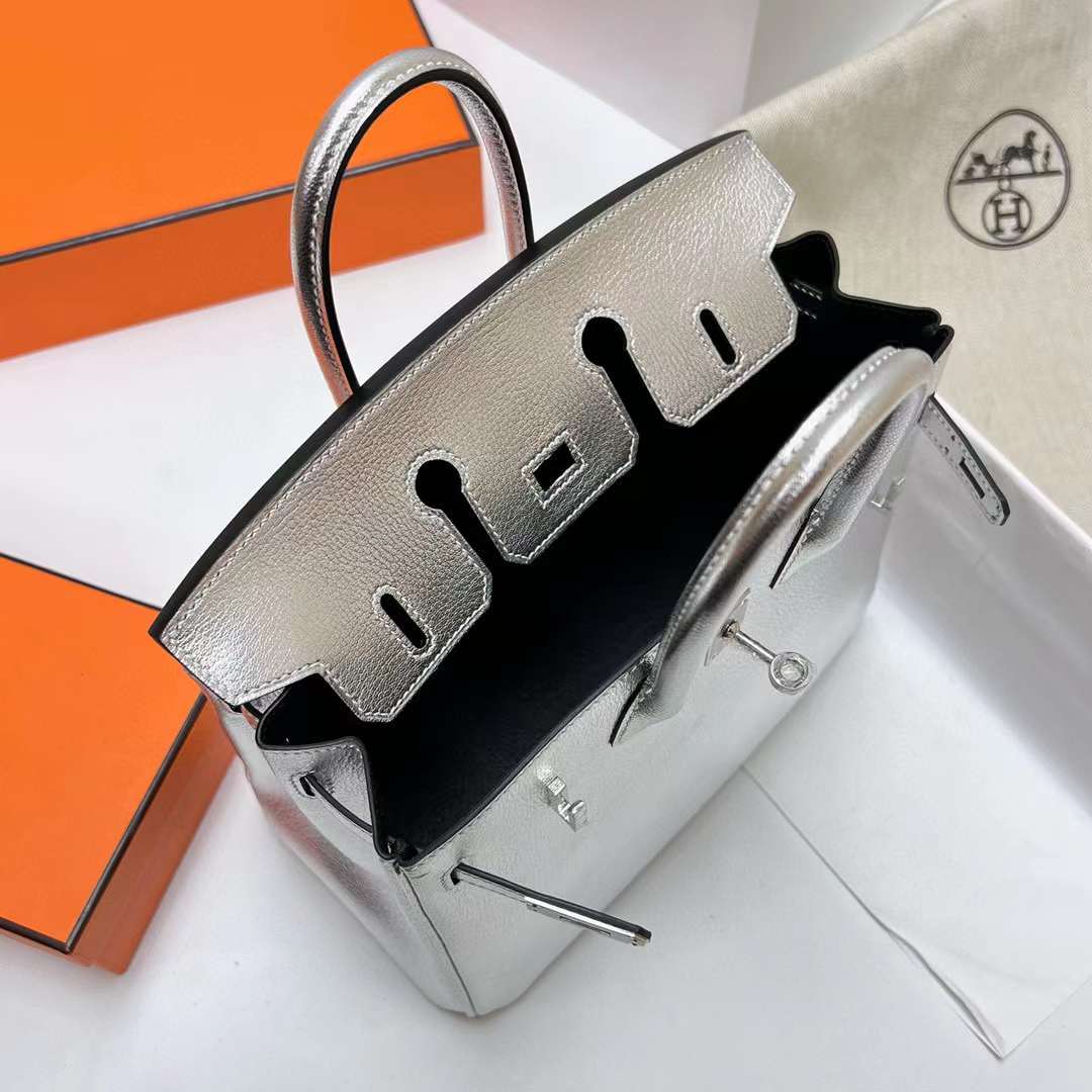 Hermès（爱马仕）Birkin 铂金包 Chevre 进口山羊皮 01 银色 内拼 ck89 黑色 银扣 25cm 全手工蜡线缝制