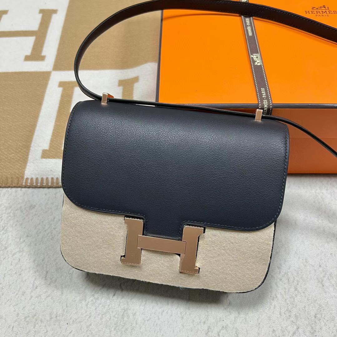 Hermès（爱马仕）Constance 空姐包 Swift Ck76 深海蓝 玫瑰金扣 19cm Rghw 全手工蜡线缝制