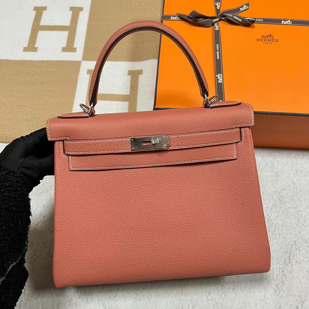 Hermès（爱马仕）Kelly 凯莉包 Togo皮 4E 枫叶色 银扣 28cm 全手工蜡线缝制 Phw