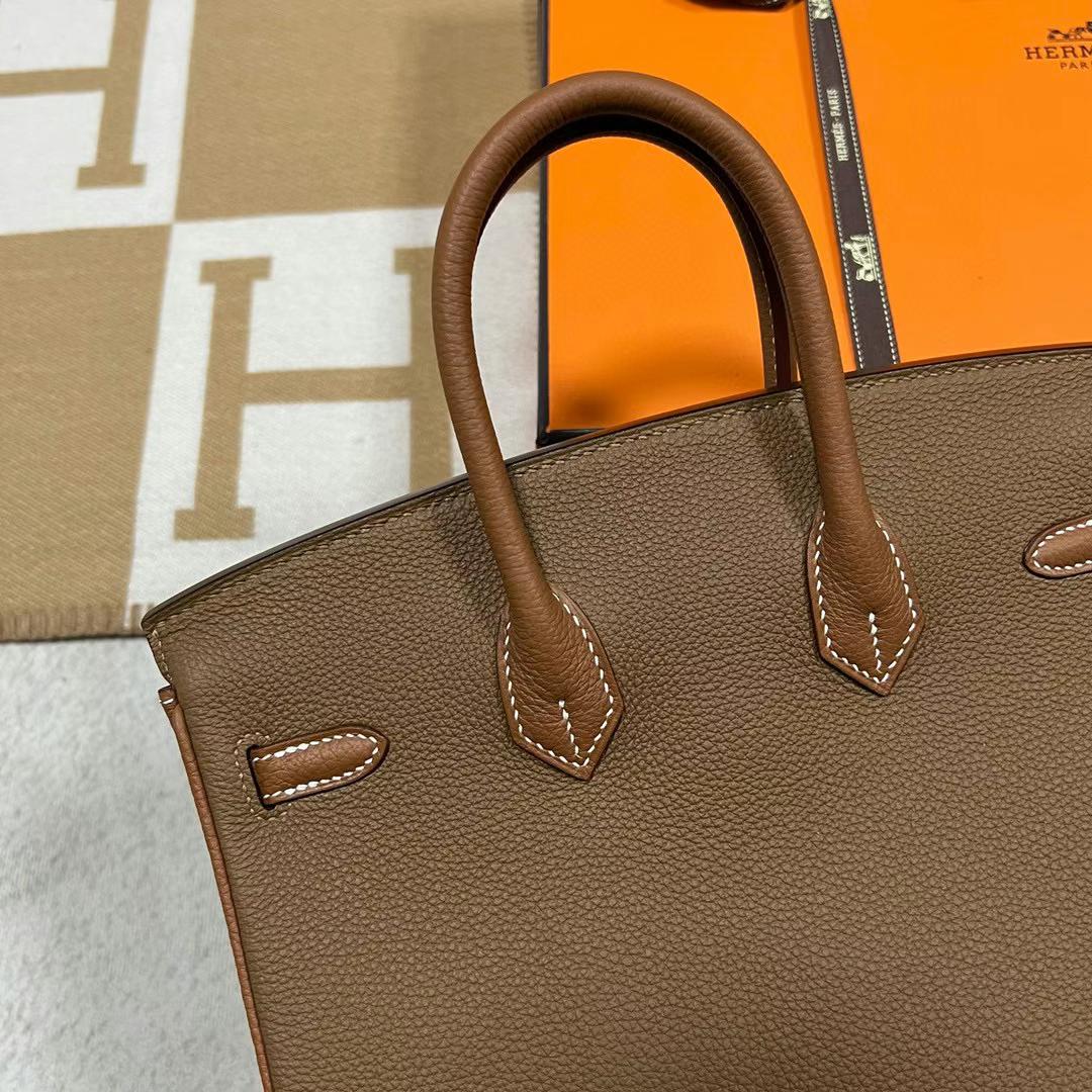 Hermès（爱马仕）Birkin 铂金包 Togo 3G 栗子棕 拼 Ck37 金棕色 金扣 25cm 全手工蜡线缝制 Ghw