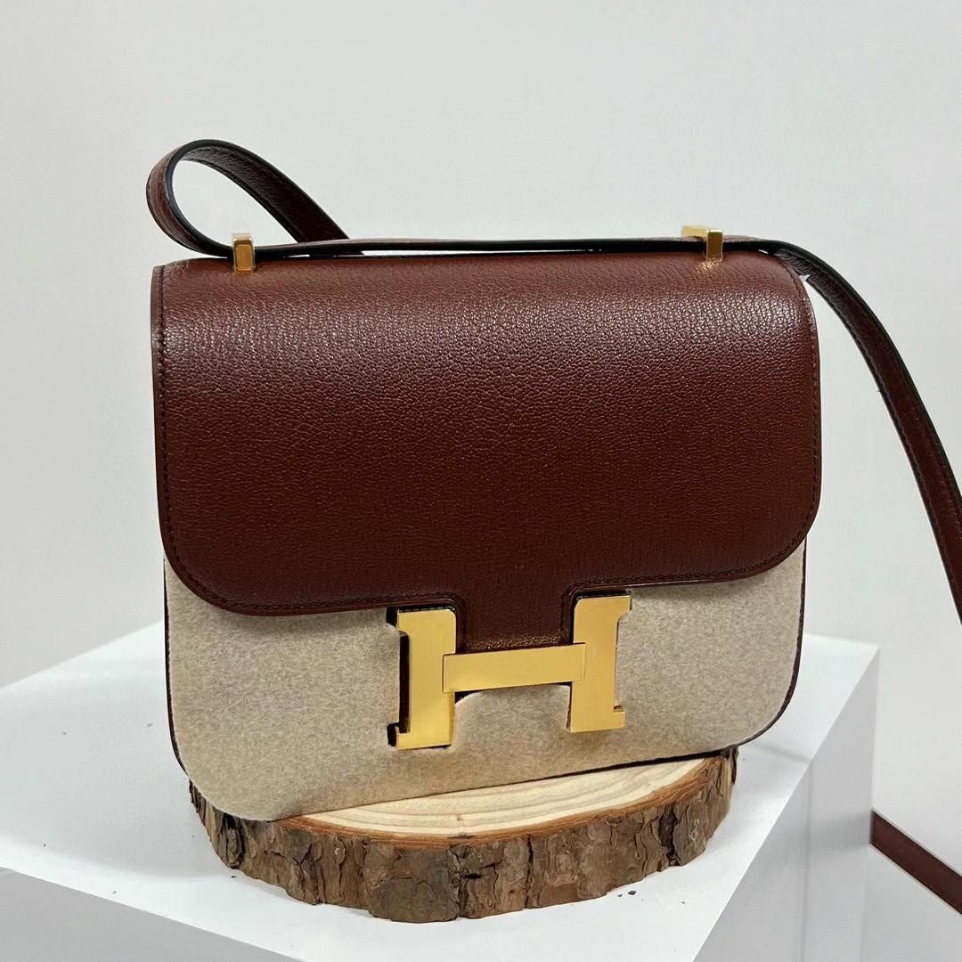 Hermès（爱马仕）Constance 空姐包 Chevre Ck41 哈瓦那色 内拼 乌木色 全手工蜡线缝制 金扣 PHW 19cm