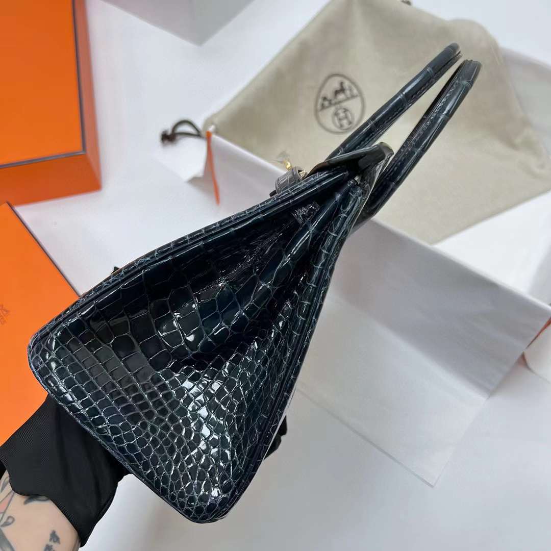Hermès（爱马仕）Birkin 铂金包 亮面美洲鳄鱼 shiny alligator crocodile（御用原装进口Hcp鳄鱼）ck76 深海蓝 金扣 25cm 全手工蜡线缝制 Phw