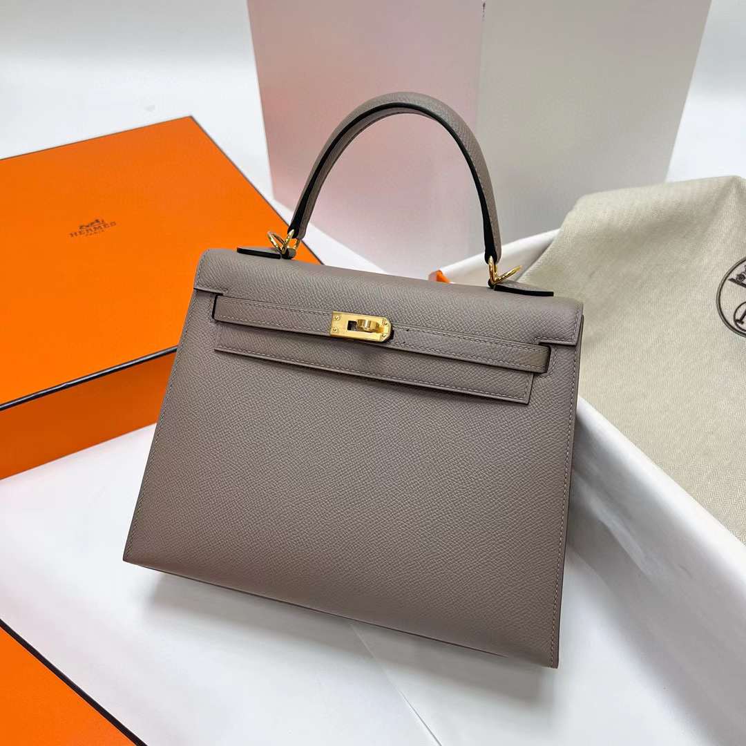 Hermès（爱马仕）Kelly 凯莉包 Epsom M8 沥青灰 金扣 25cm 全手工蜡线缝制 Ghw