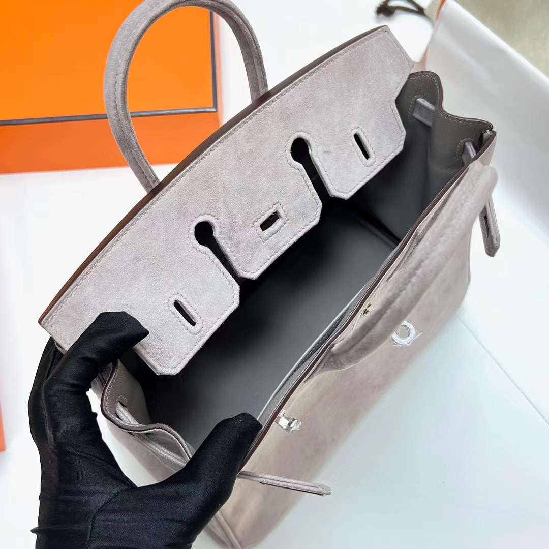Hermès（爱马仕）Birkin 铂金包 Suede 麂皮 灰色 银扣 25cm 全手工蜡线缝制 Phw