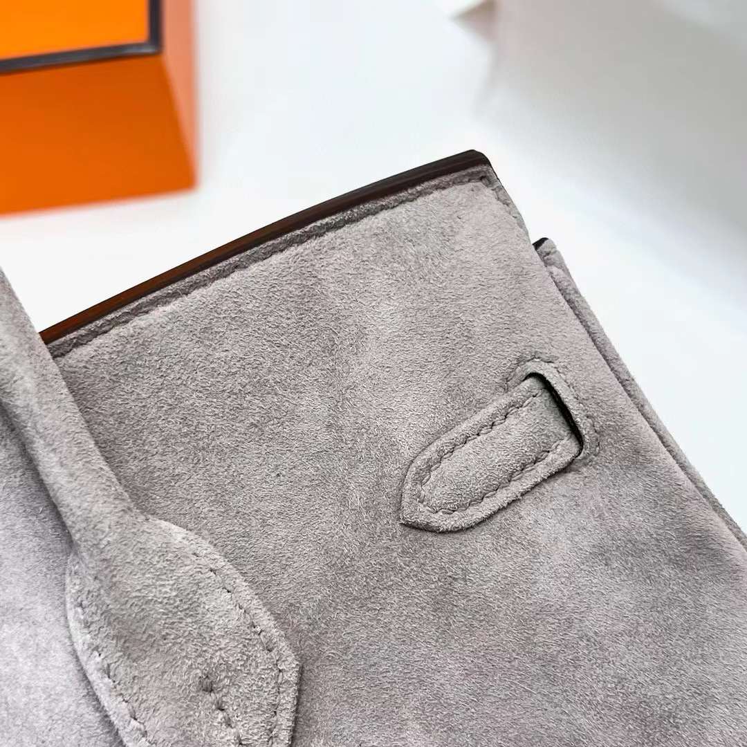 Hermès（爱马仕）Birkin 铂金包 Suede 麂皮 灰色 银扣 25cm 全手工蜡线缝制 Phw