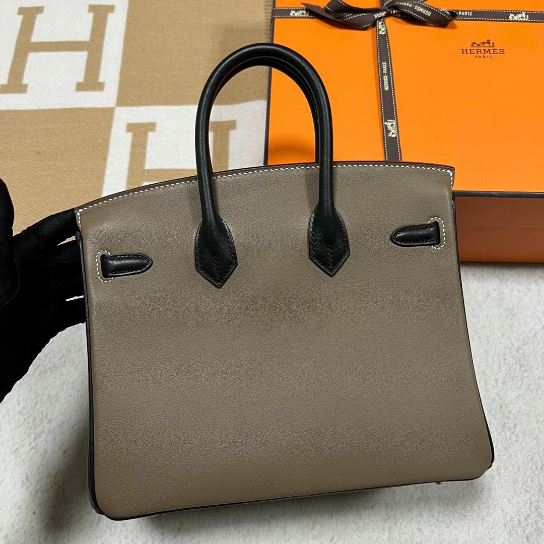 Hermès（爱马仕）Birkin 铂金包 Swift Ck18 大象灰 拼 Ck89 黑色 拉丝金扣 25cm 全手工蜡线缝制 Mghw