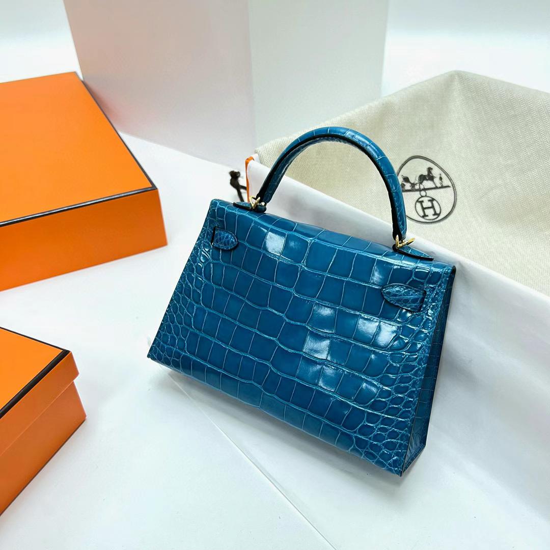 Hermès（爱马仕）Mini Kelly 迷你凯莉 亮面美洲鳄鱼 shiny alligator crocodile 7W 伊兹密尔蓝 金扣 19cm 全手工蜡线缝制 ghw