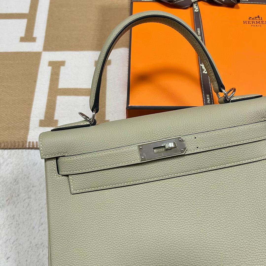 Hermès（爱马仕）Kelly 凯莉包 Togo皮 Q1 鼠尾草绿 银扣 28cm 全手工蜡线缝制 Phw
