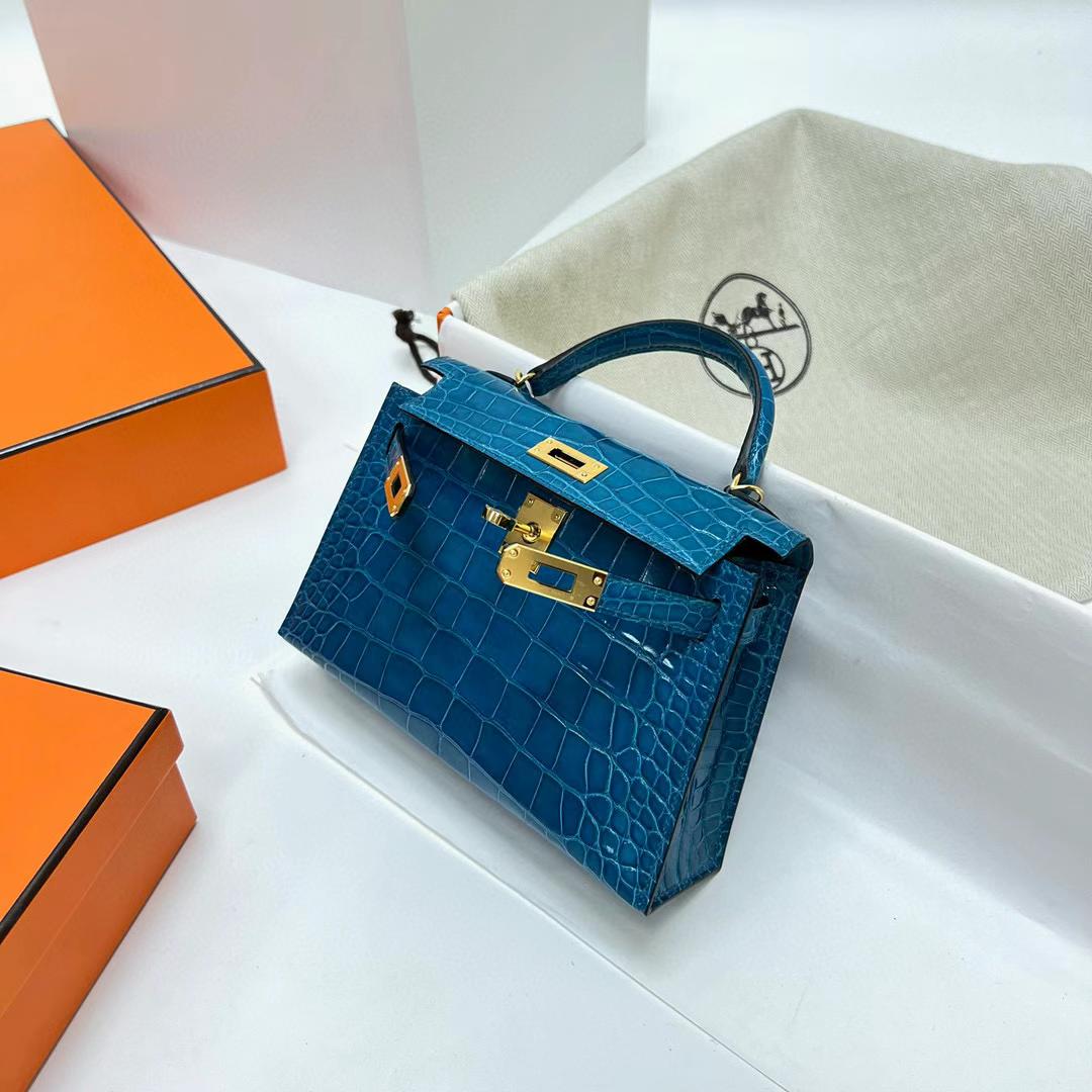 Hermès（爱马仕）Mini Kelly 迷你凯莉 亮面美洲鳄鱼 shiny alligator crocodile 7W 伊兹密尔蓝 金扣 19cm 全手工蜡线缝制 ghw