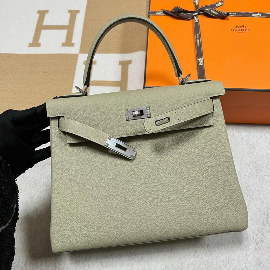 Hermès（爱马仕）Kelly 凯莉包 Togo皮 Q1 鼠尾草绿 银扣 28cm 全手工蜡线缝制 Phw
