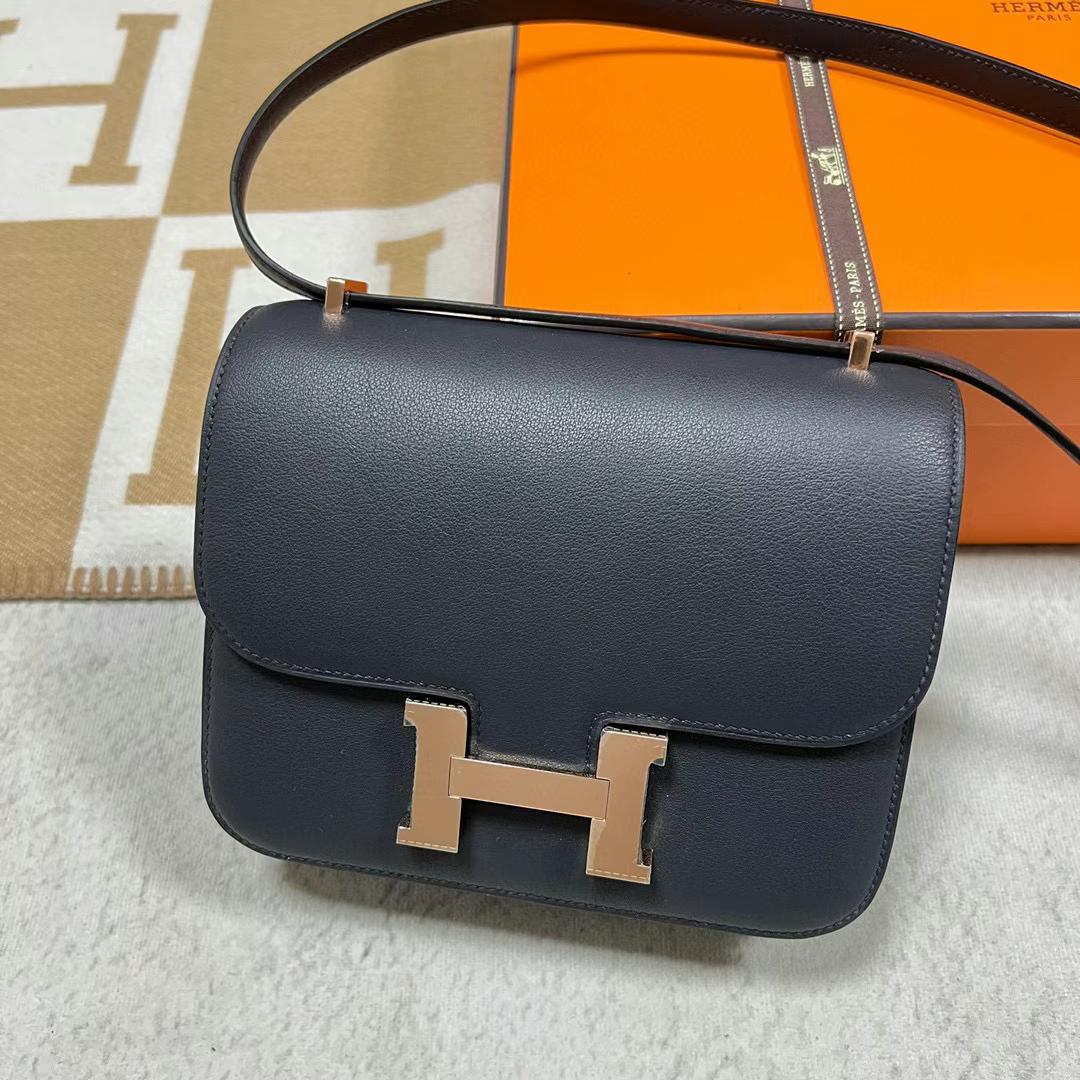 Hermès（爱马仕）Constance 空姐包 Swift Ck76 深海蓝 玫瑰金扣 19cm Rghw 全手工蜡线缝制