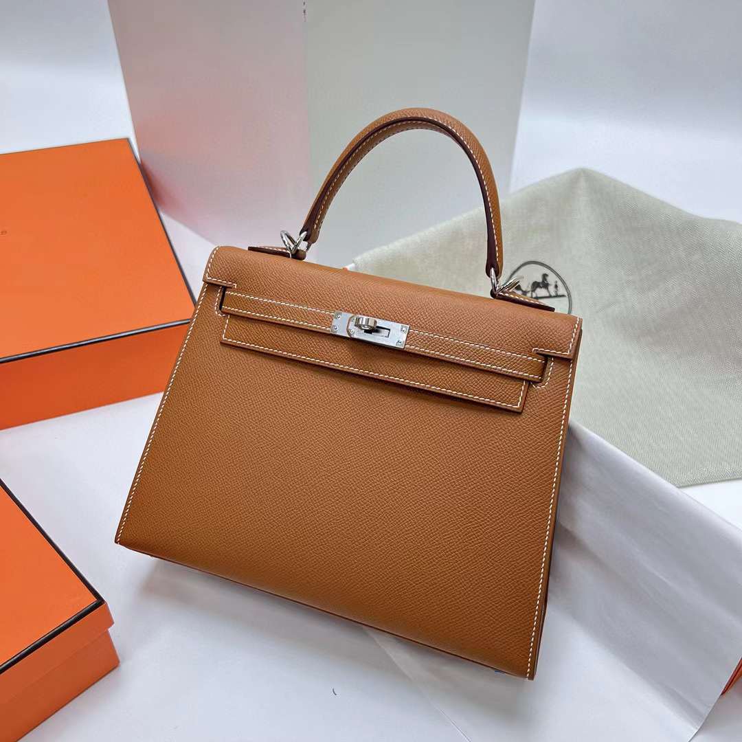 Hermès（爱马仕）Kelly 凯莉包 Epsom Ck37 金棕色 银扣 25cm 全手工蜡线缝制