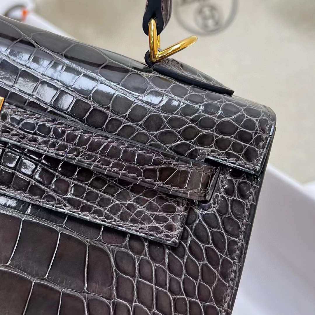 Hermès（爱马仕）Kelly 凯莉包 亮面美洲鳄鱼 shiny alligator crocodile Ck88 石墨灰 金扣 25cm 全手工缝制 Ghw