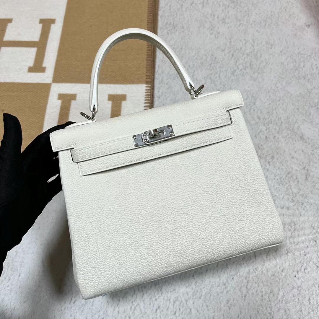 Hermès（爱马仕）Kelly 凯莉包 Togo皮 01 纯白 全手工蜡线缝制 银扣 PHW 25cm