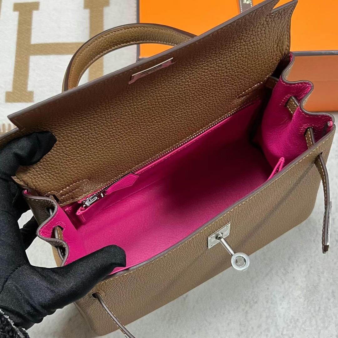Hermès（爱马仕）Kelly 凯莉包 Togo皮 3G 栗子棕 内拼 0D 墨西哥粉 银扣 25cm 全手工蜡线缝制