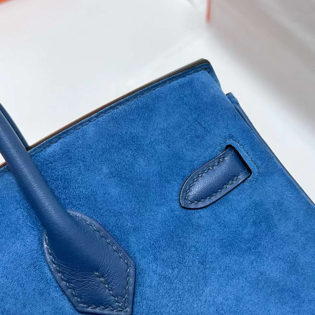 Hermès（爱马仕）Birkin 铂金包 Grizzly Swift 拼 Suede O8 皇家蓝 银扣 25cm 全手工蜡线缝制