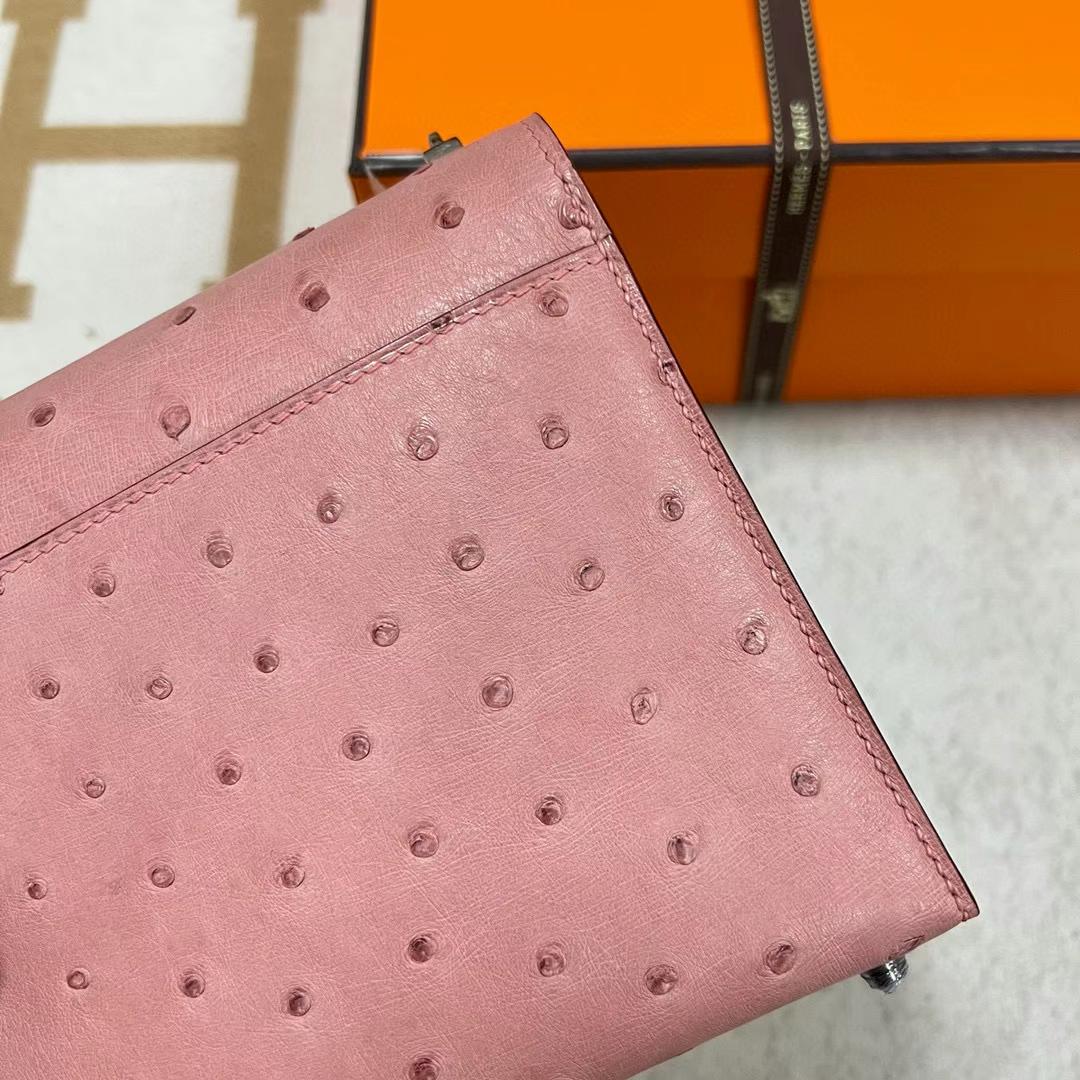 Hermès（爱马仕）Verrou 机枪包 Ostrich 原厂kk进口鸵鸟皮 Cc94 陶瓷粉 银扣 17.5cm 全手工蜡线缝制 Phw