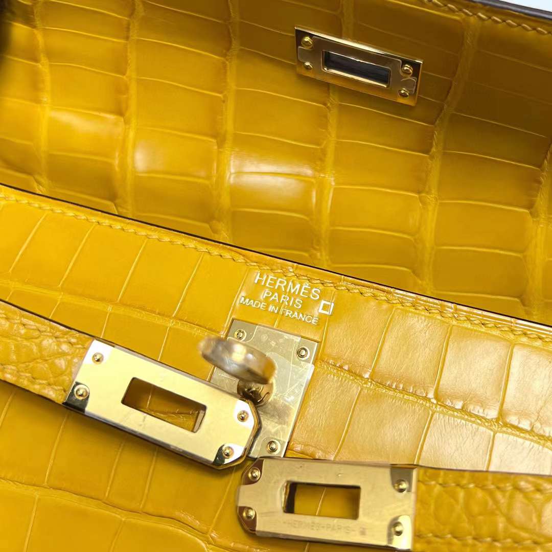 Hermès（爱马仕）Kelly 凯莉包 亮面美洲鳄鱼 shiny alligator crocodile 9D 琥珀黄 金扣 25cm 全手工缝制
