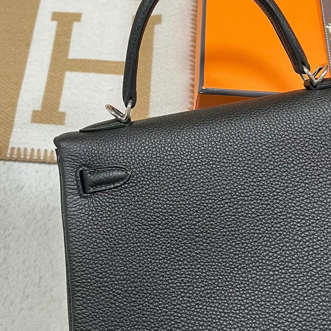 Hermès（爱马仕）Kelly 凯莉包 Togo皮 Ck89 黑色 银扣 25cm 全手工蜡线缝制