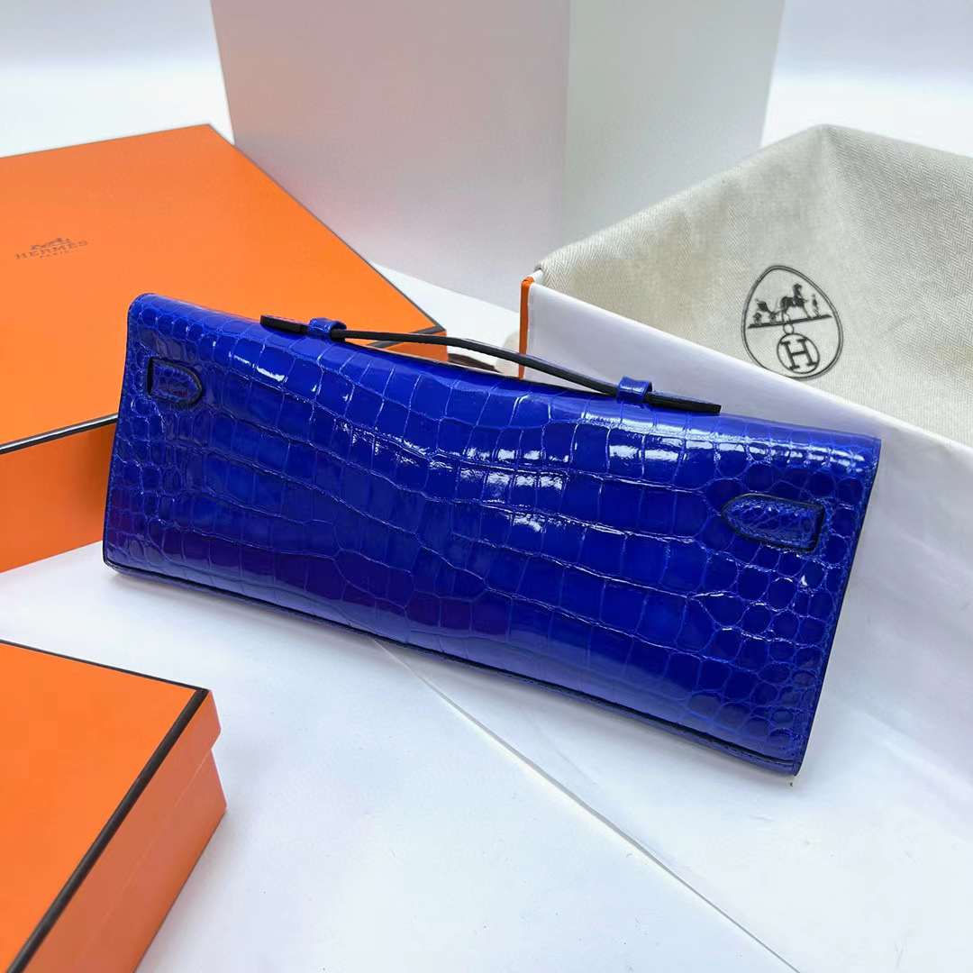 Hermès（爱马仕）Kelly cut 亮面倒v澳洲湾鳄 shiny porosus crocodile 7T 电光蓝 银扣 31cm 全手工蜡线缝制