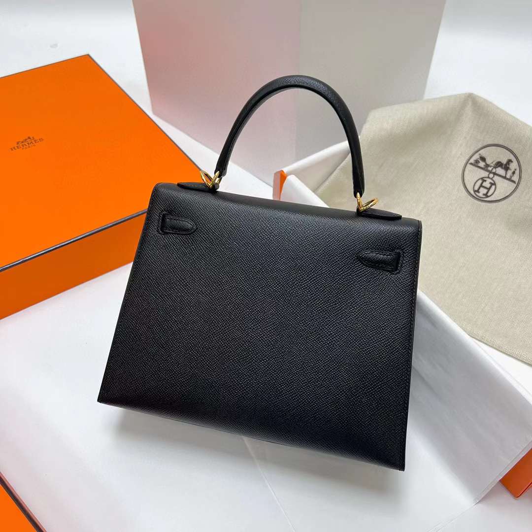 Hermès（爱马仕）Kelly 凯莉包 Epsom Ck89 黑色 金扣 25cm 全手工蜡线缝制 Ghw