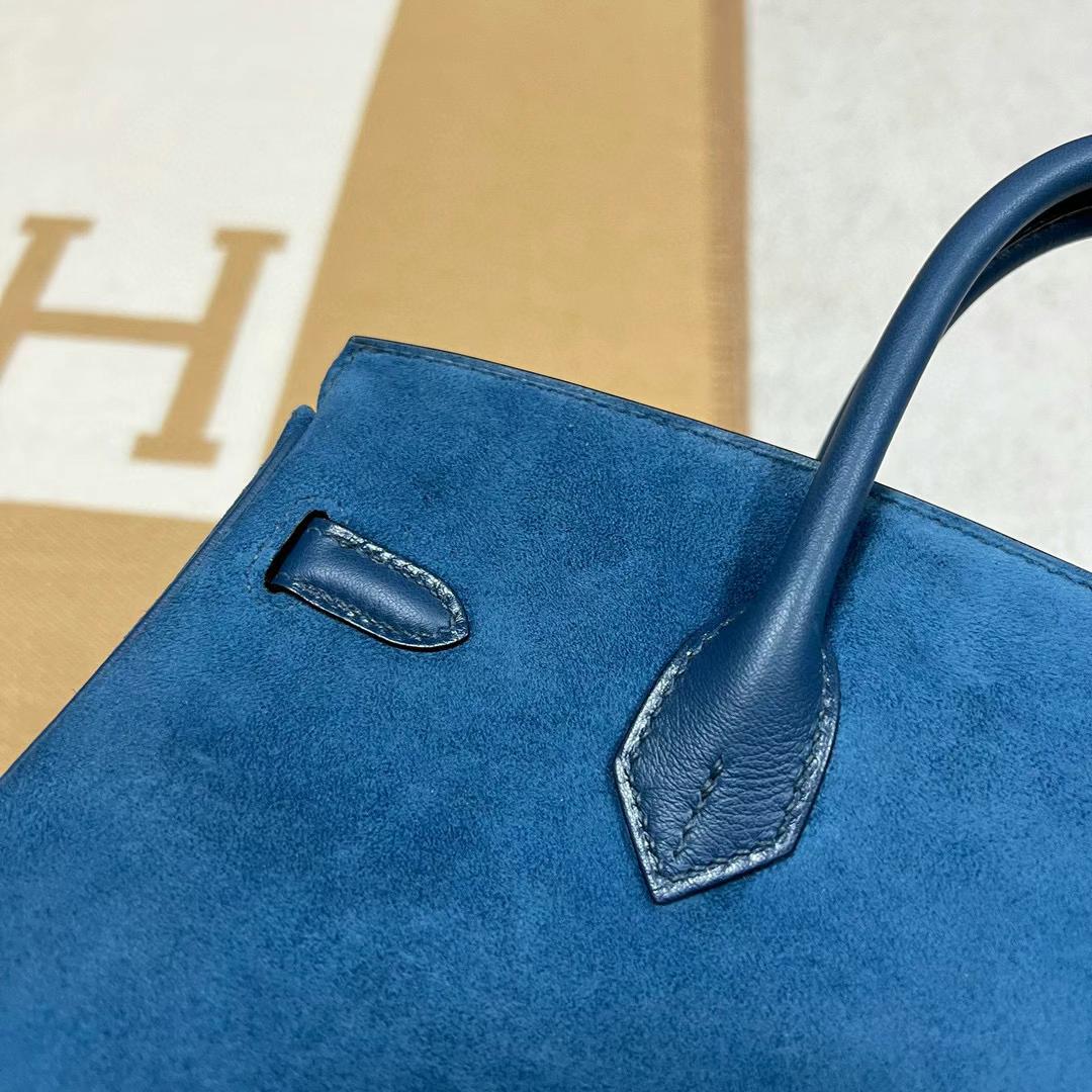 Hermès（爱马仕）Birkin 铂金包 Grizzly 麂皮 拼 Swift O8 皇家蓝 银扣 25cm