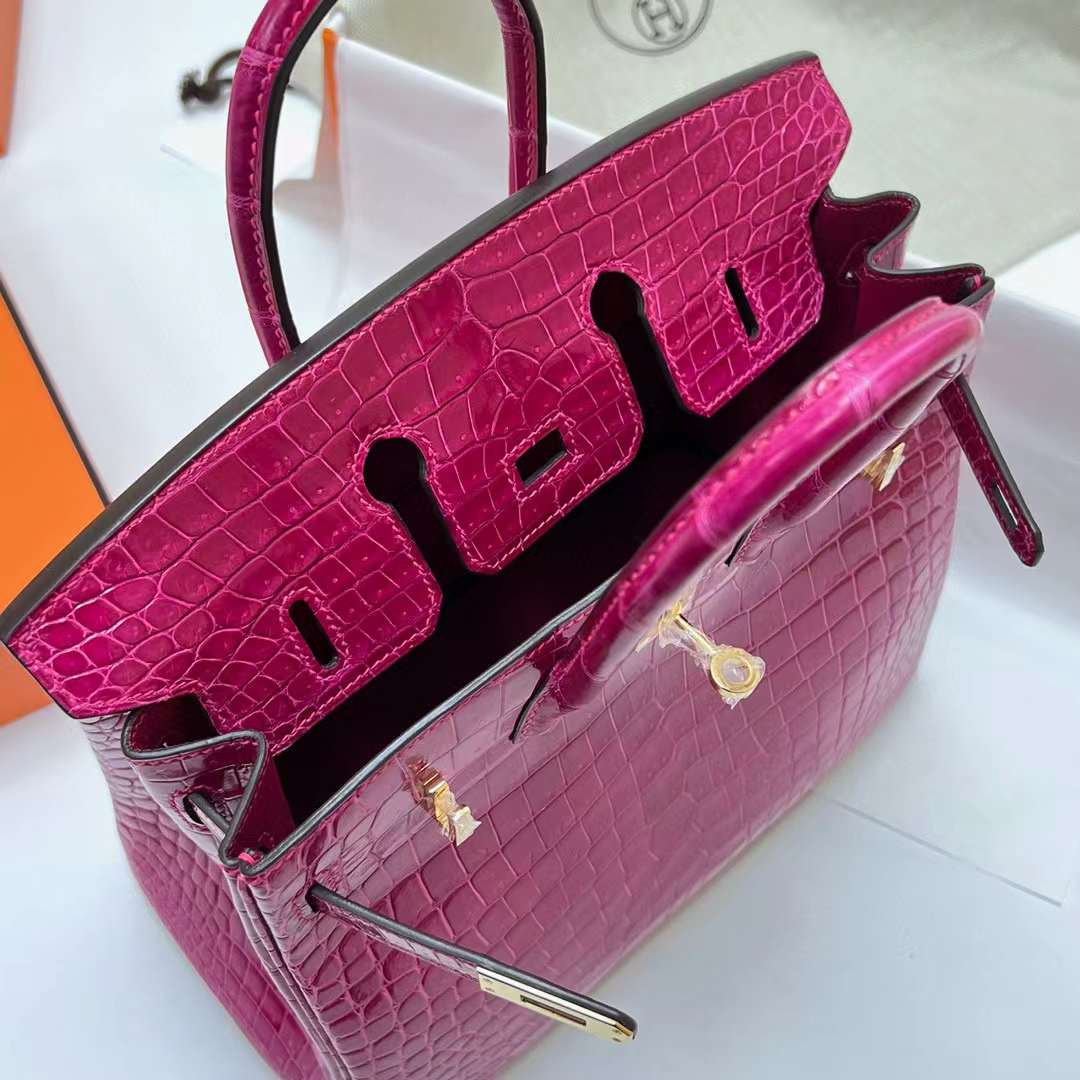 Hermès（爱马仕）Birkin 铂金包 亮面倒v澳洲湾鳄 Shiny Porosus Crocodile（御用原装进口Hcp鳄鱼皮）j5 天方夜谭粉紫 金扣 25cm 全手工蜡线缝制