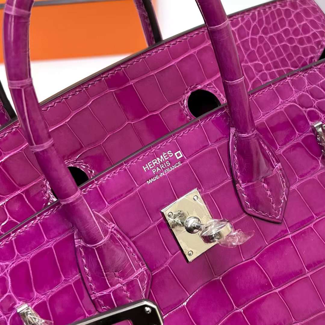 Hermès（爱马仕）Birkin 铂金包 亮面美洲鳄鱼 shiny alligator crocodile（御用原装进口Hcp鳄鱼）j5 天方夜谭粉紫 银扣 25cm 全手工蜡线缝制 Phw