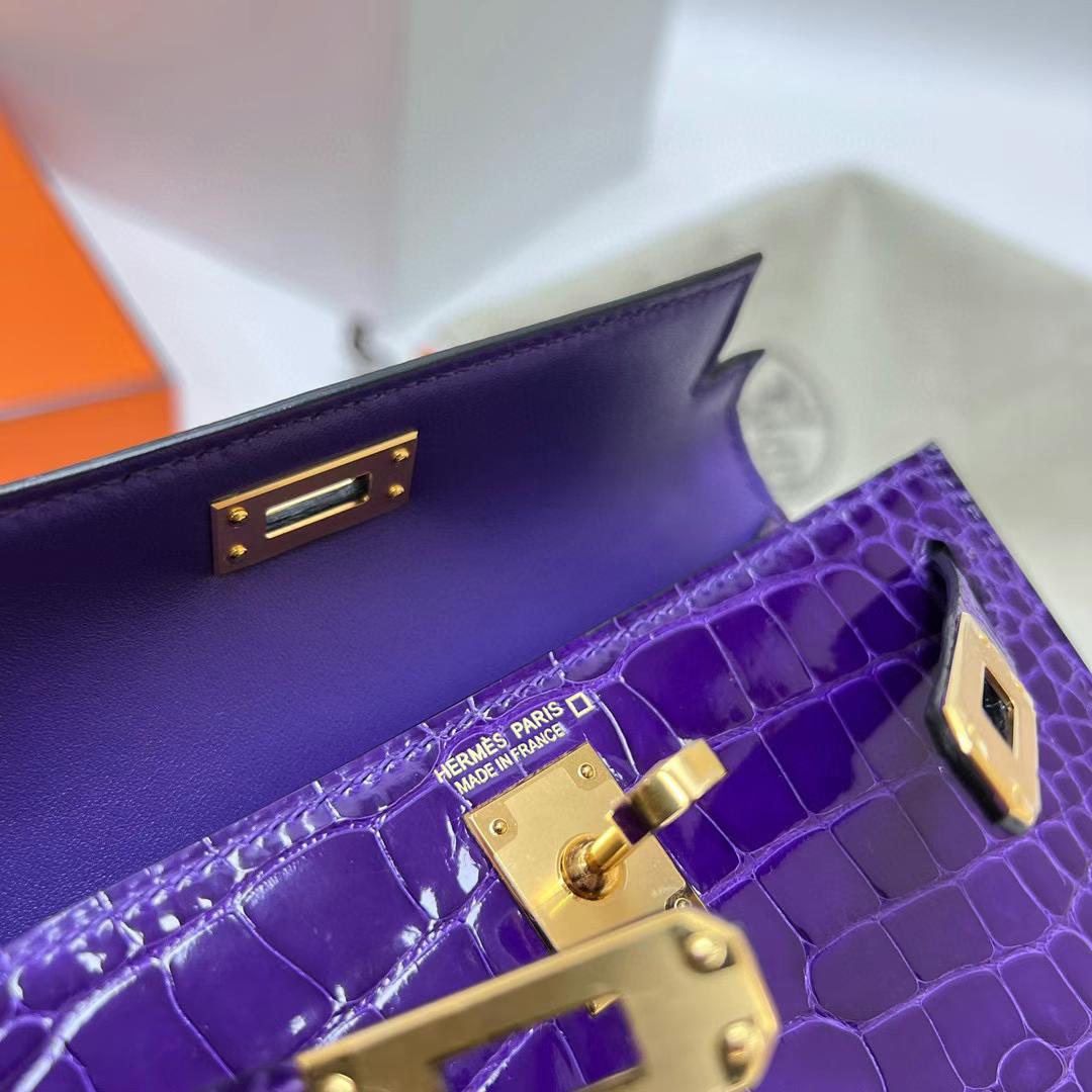 Hermès（爱马仕）Mini Kelly 迷你凯莉 亮面美洲鳄鱼 shiny alligator crocodile 5L 极度紫 金扣 19cm 全手工蜡线缝制 ghw