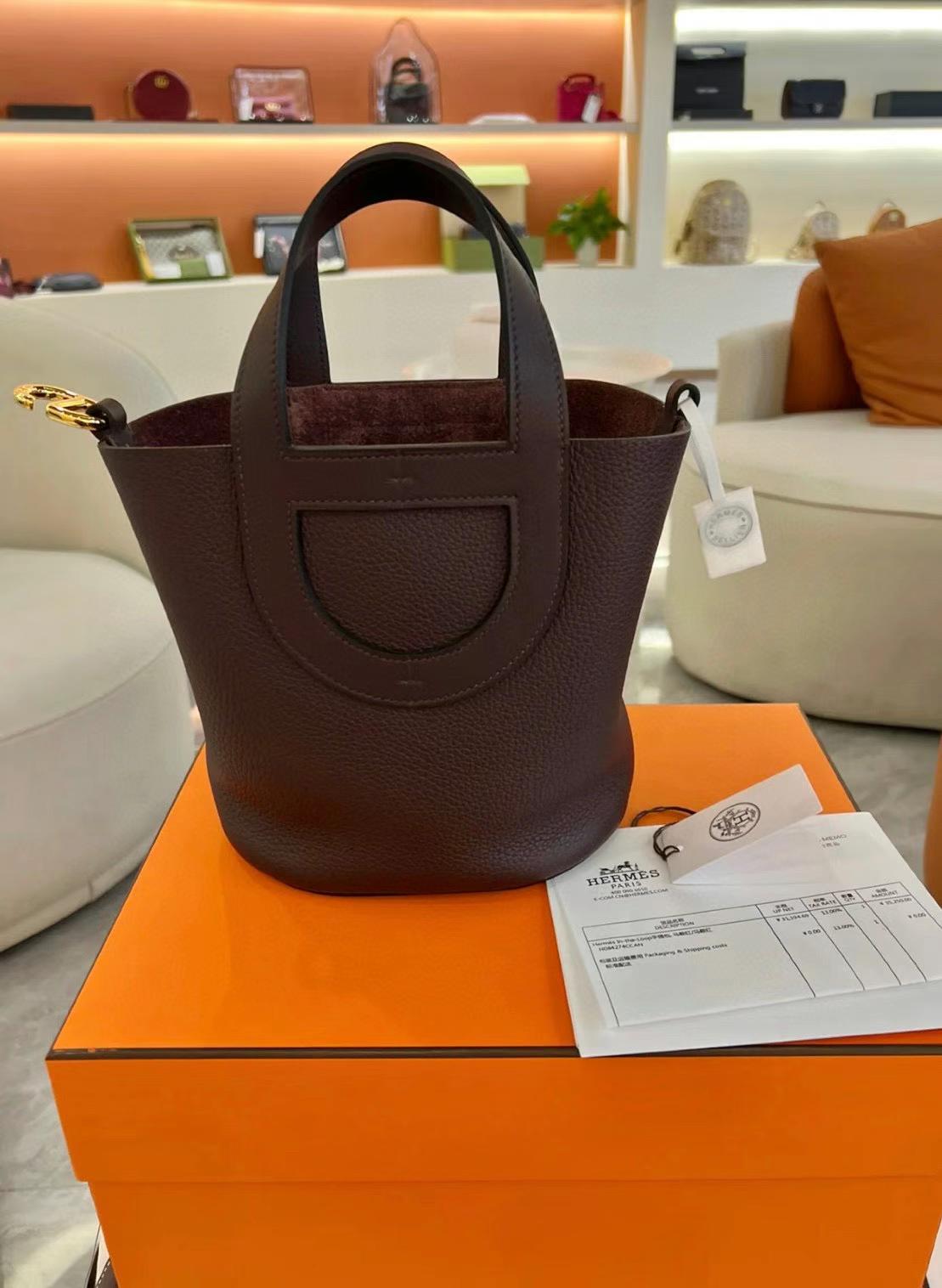 Hermès（爱马仕）新品 New In-the-loop 猪鼻子菜篮子 Togo 0G 马鞍红 金扣 18cm