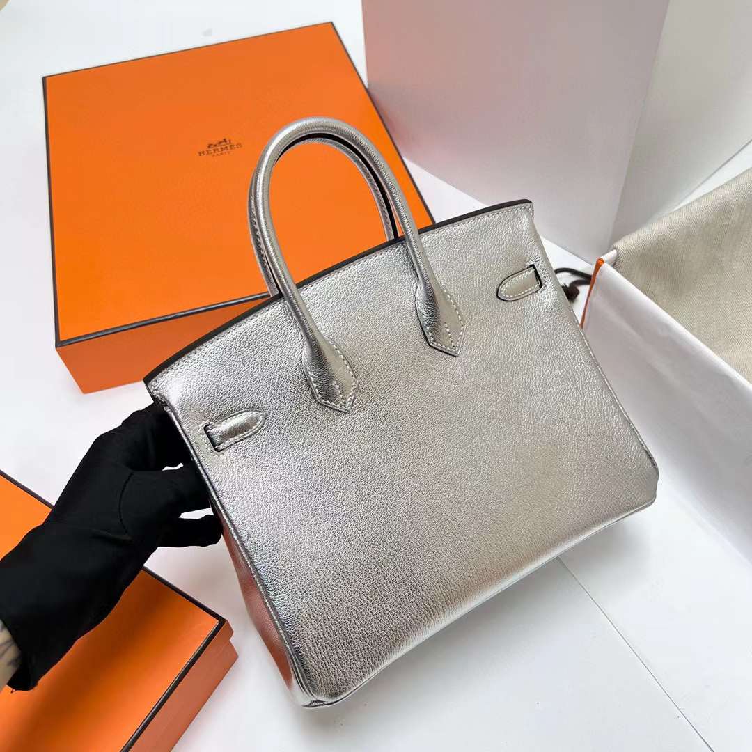 Hermès（爱马仕）Birkin 铂金包 Chevre 进口山羊皮 01 银色 内拼 ck89 黑色 银扣 25cm 全手工蜡线缝制