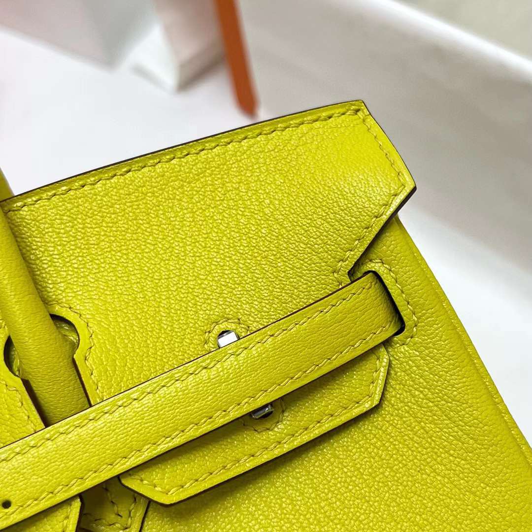 Hermès（爱马仕）Birkin 铂金包 Chevre 进口山羊皮 9R 柠檬黄 银扣 25cm 全手工蜡线缝制 Phw