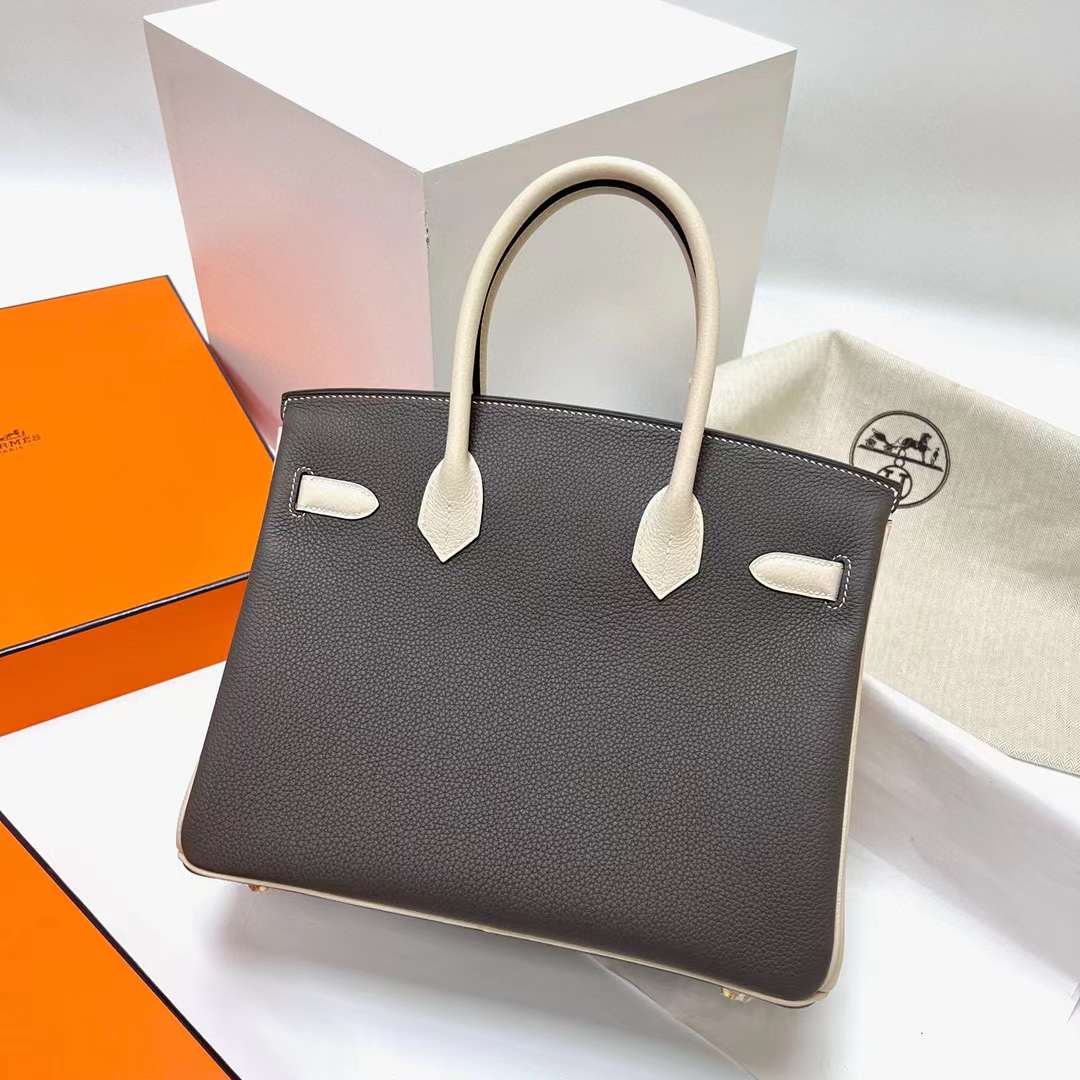 Hermès（爱马仕）Birkin 铂金包 Togo皮 8F 锡器灰 拼 Ck10 奶昔白 金扣 30cm 全手工蜡线缝制 Ghw