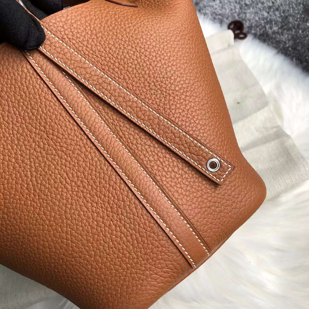 Hermès（爱马仕）Picotin 菜篮子 Clemence 原厂进口大牛皮 Ck37 金棕色 银扣 18cm 全手工蜡线缝制 Phw