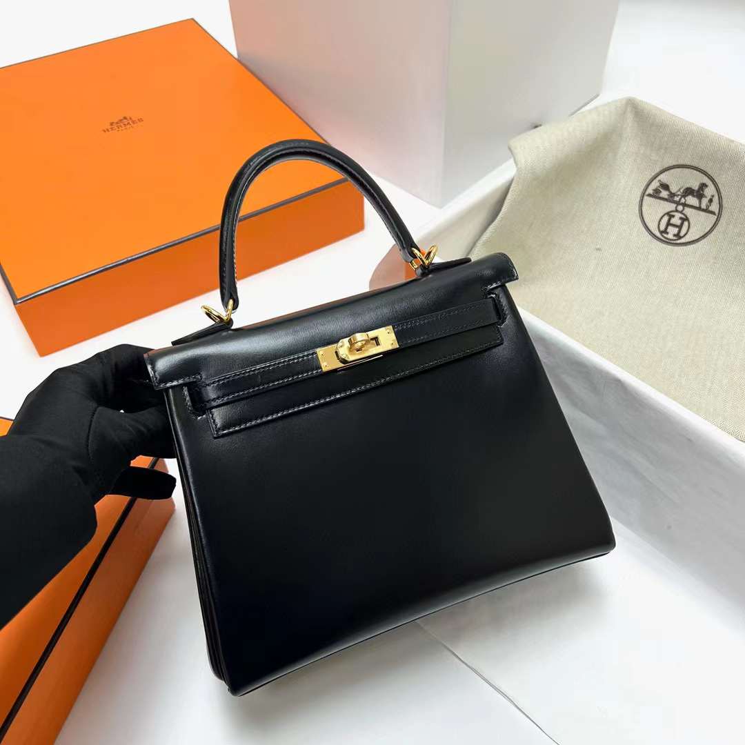 Hermès（爱马仕）Kelly 凯莉包 Box皮 Ck89 黑色 金扣 25cm 全手工蜡线缝制 Ghw