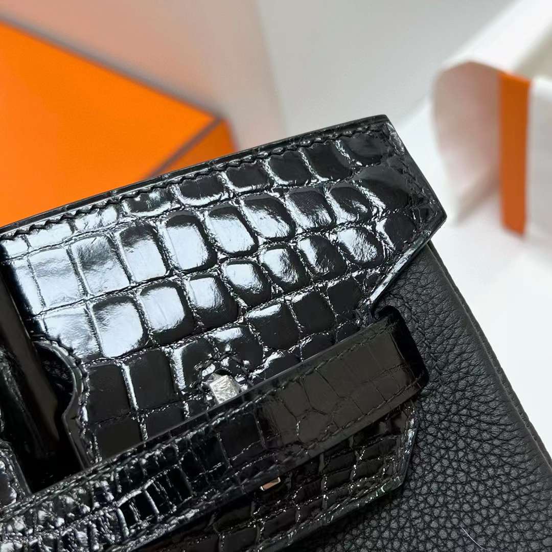 Hermès（爱马仕）Birkin 铂金包 Touch Togo 拼 亮面尼罗鳄鱼 Ck89 黑色 银扣 30cm 全手工蜡线缝制 Phw