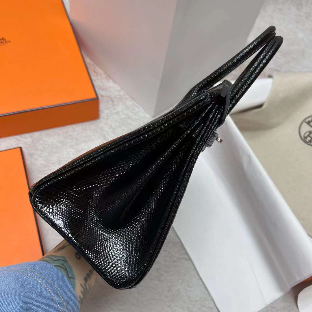 Hermès（爱马仕）Birkin 铂金包 Lizard 进口蜥蜴皮 Ck89 黑色 银扣 25cm 全手工蜡线缝制 Phw