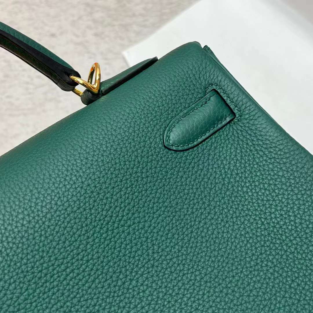 Hermès（爱马仕）Kelly Togo 御用原厂顶级小牛皮 Z6 孔雀绿 金扣 32cm 全手工蜡线缝制 Ghw