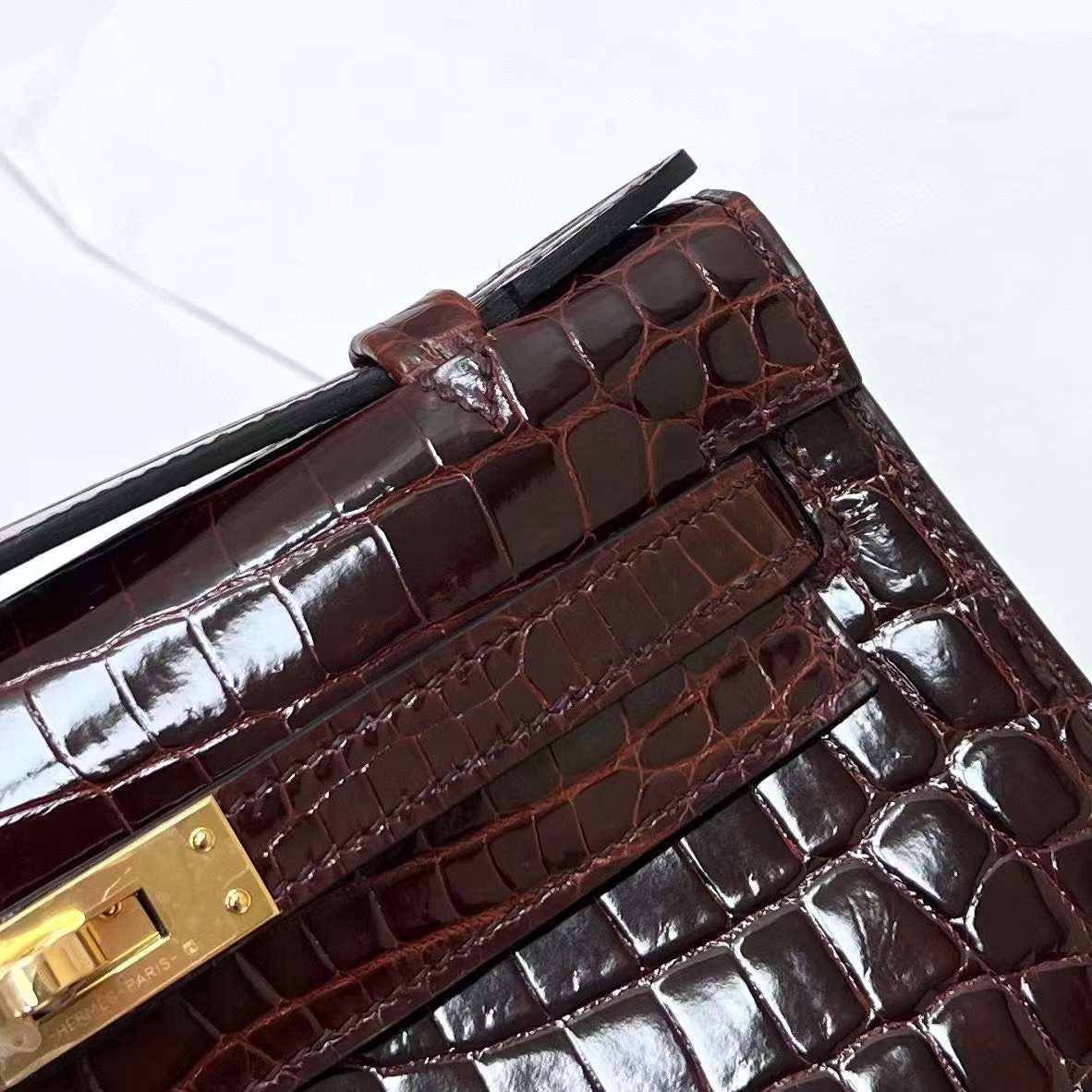 Hermès（爱马仕）Mini Kelly Pochette 亮面尼罗鳄鱼 Shiny nilo crocodile cc31 蜜糖棕 金扣 22cm 全手工蜡线缝制 Ghw