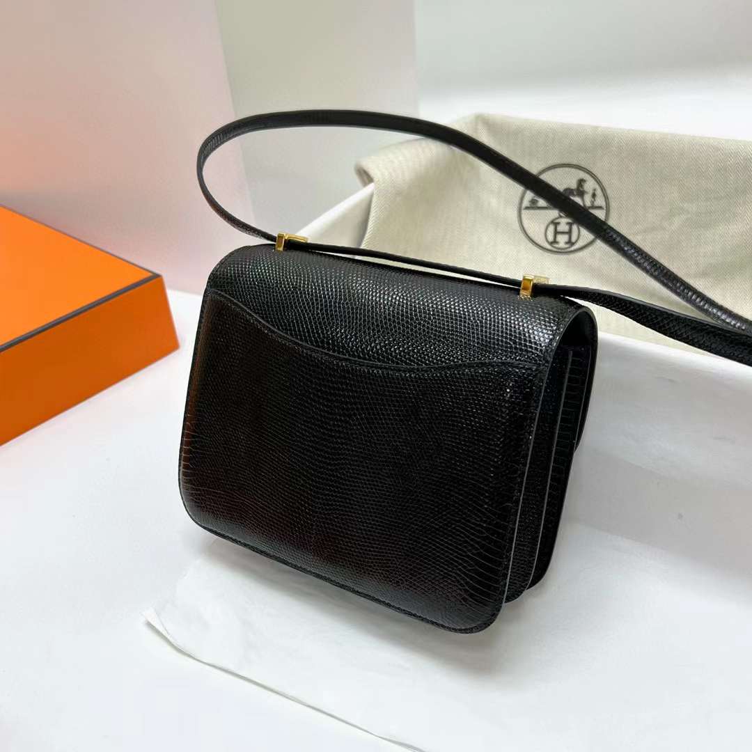 Hermès（爱马仕）Constance 康康 Lizard 进口蜥蜴皮 Ck89 黑色 金扣 19cm 全手工蜡线缝制 Ghw