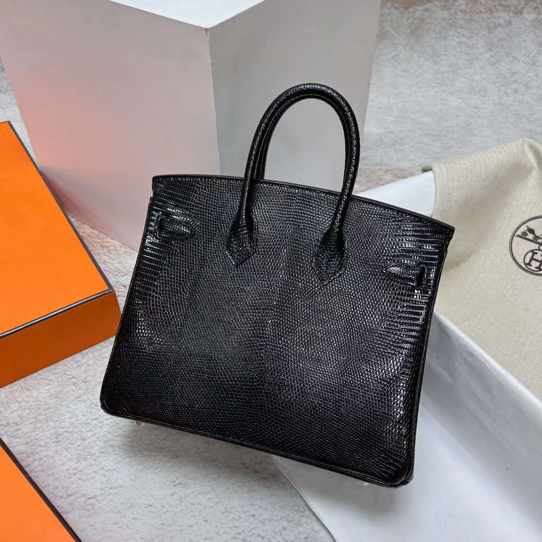 Hermès（爱马仕）Birkin 铂金包 Lizard 进口蜥蜴皮 Ck89 黑色 银扣 25cm 全手工蜡线缝制 Phw